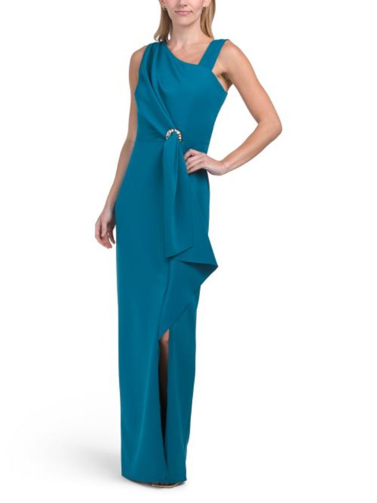 Betsy & Adam Made In Usa Long Techno Ruffle Scuba Gown